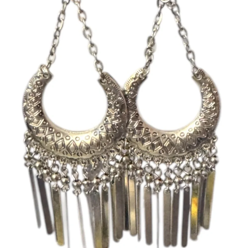 Chico's Silver Tone Crescent Dangle Earrings - Boho Chic Fringe
